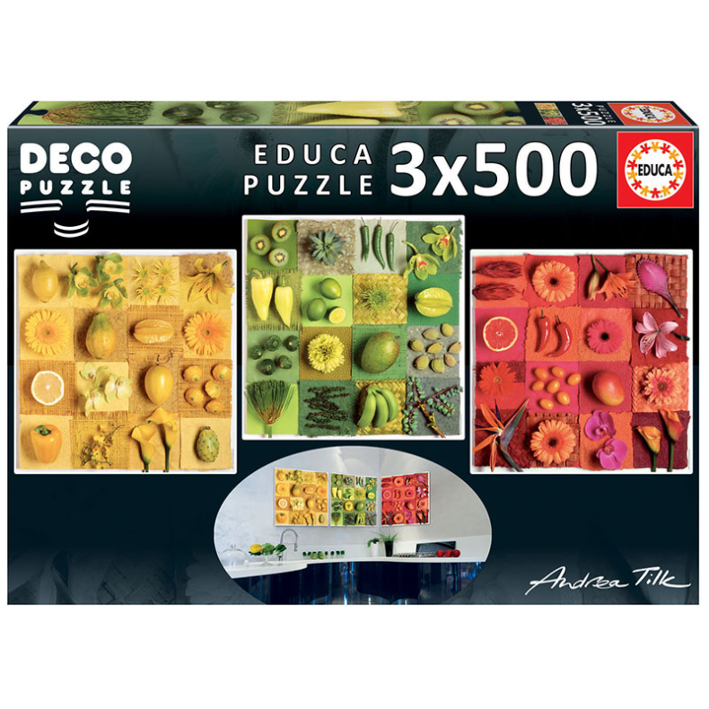 educa | Puslespil m. 3 x 500 brikker - Frugt & blomster