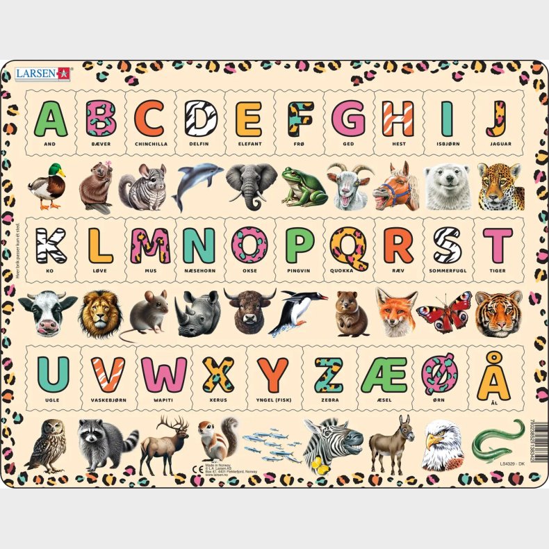 Puslespil Med 29 Brikker - Maxi Dyre Alfabet - 36,5x28,5 Cm