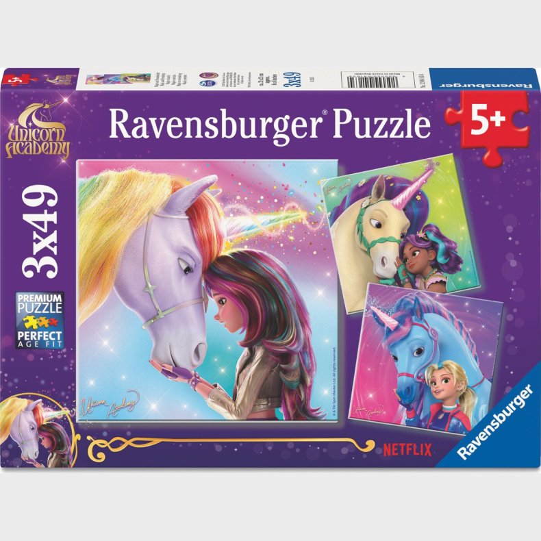 Ravensburger Puslespil - 3x49 Brikker - Enhj�rning Akademi