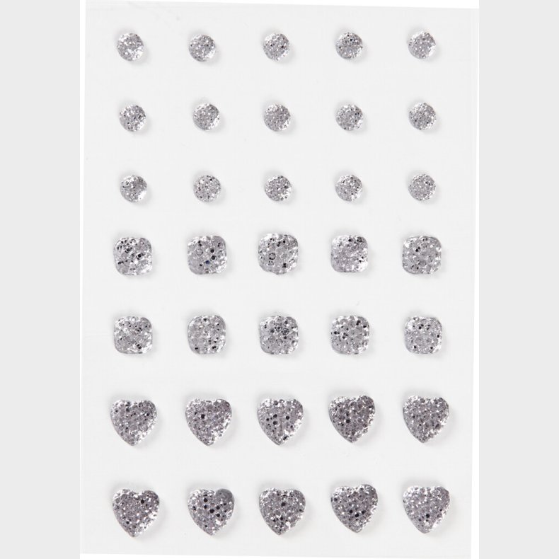Rhinsten Klistermrker - Selvklbende - Rund Firkant Hjerte - Slv - Str. 6+8+10 Mm - 35 Stk.