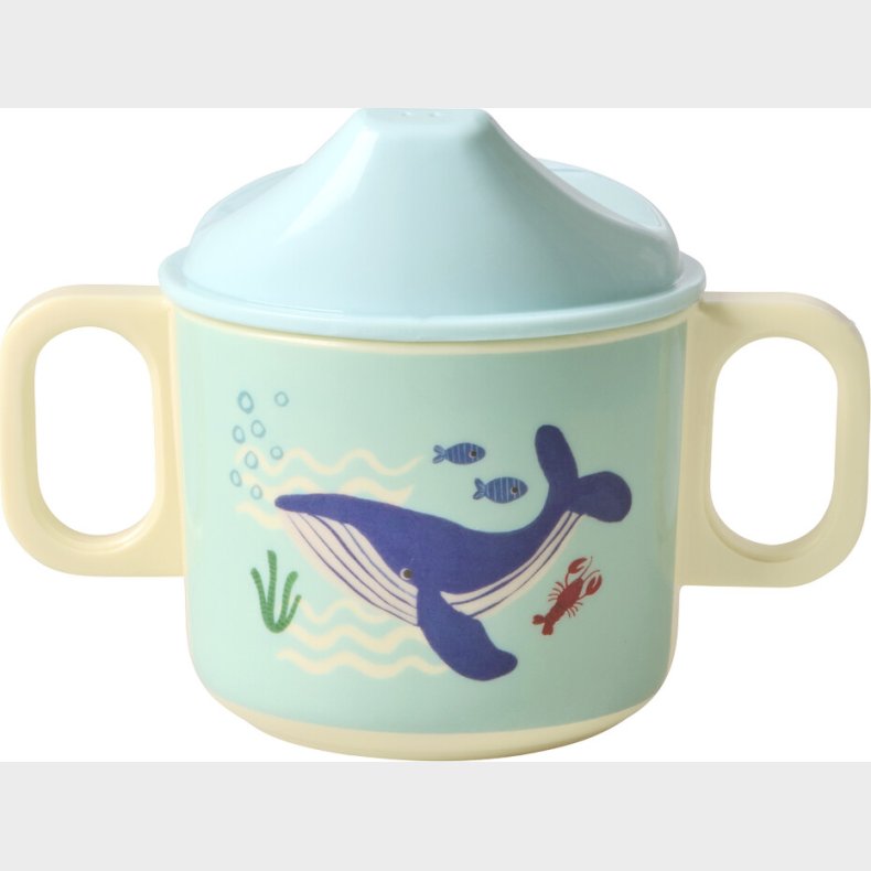 Rice - Melamine 2 Handle Baby Cup With Lid - Blue Ocean Print - 250 Ml