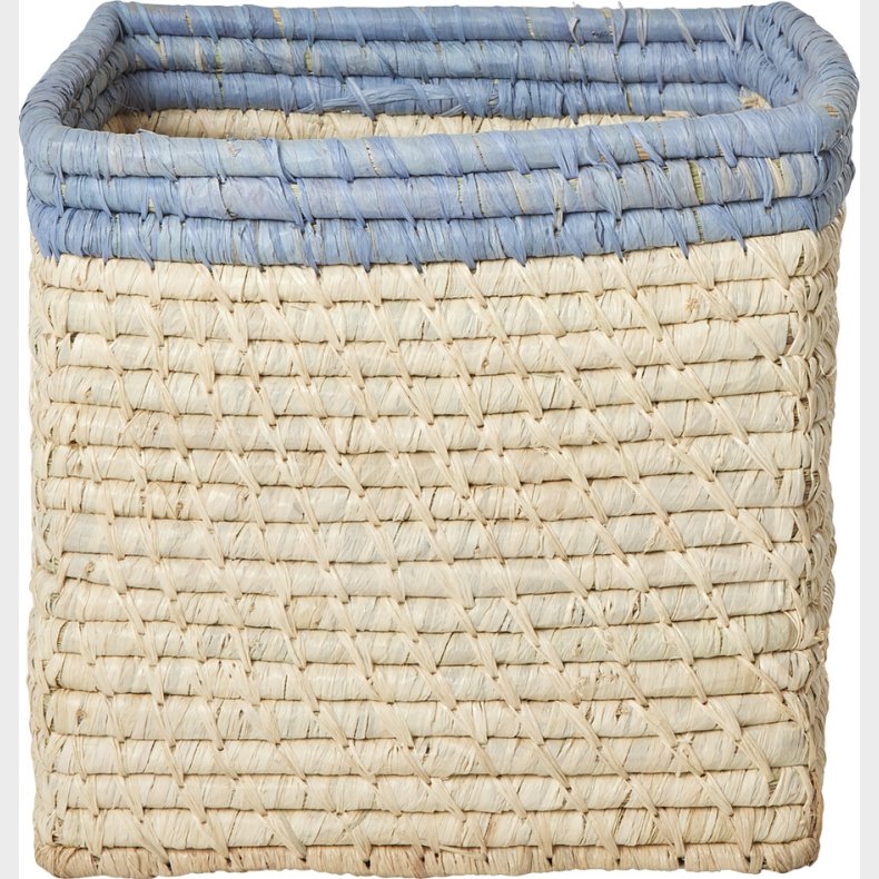 Rice - Raffia Basket Without Handles In Nature With Blue Border - 20 Cm X 20 Cm X 20 Cm - Natural With Blue Border
