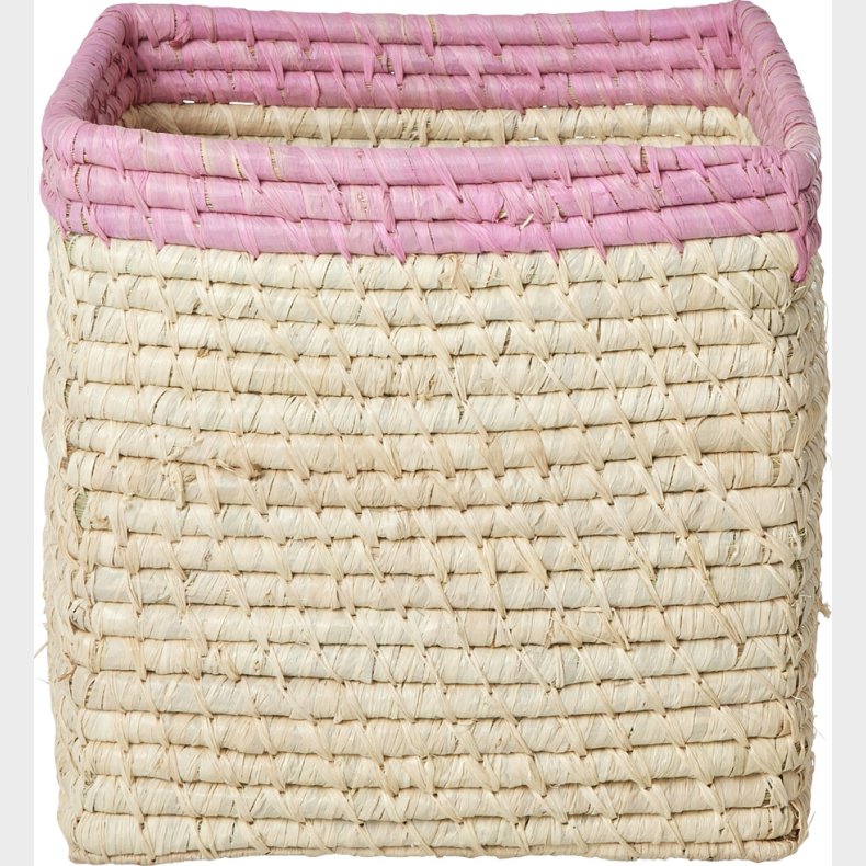 Rice - Raffia Basket Without Handles In Nature With Soft Pink Border - 20 Cm X 20 Cm X 20 Cm - Natural With Soft Pink Border