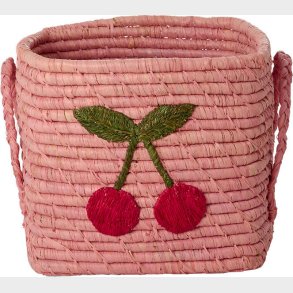 Rice - Raffia Square Basket With Big Cherry Embroidery - Pink - Small