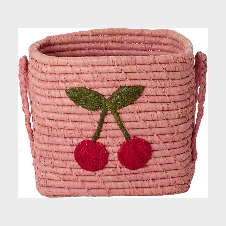 Rice - Raffia Square Basket With Big Cherry Embroidery - Pink - Small