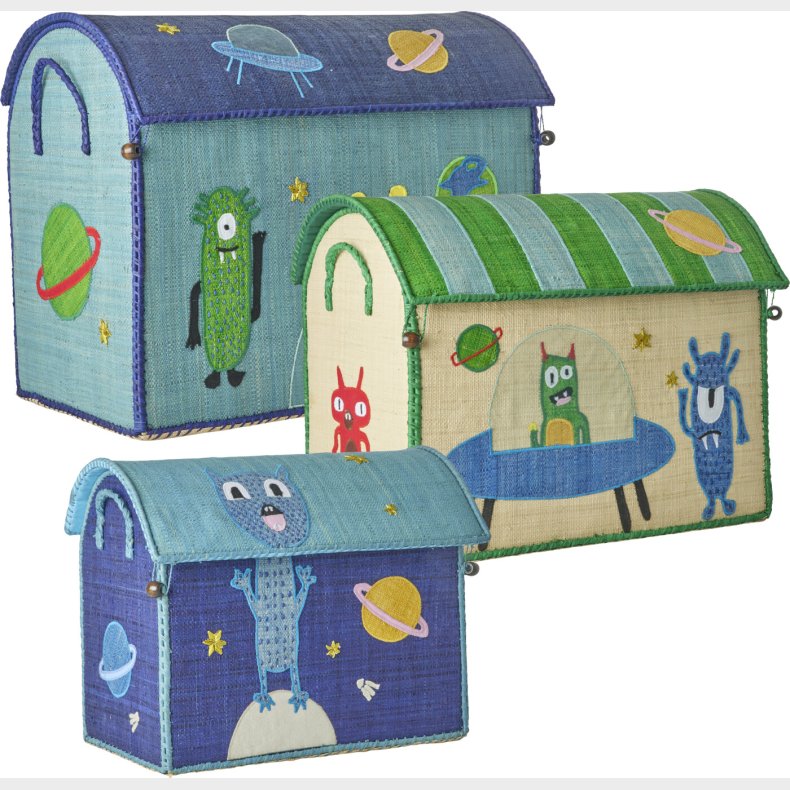 Rice - Raffia Toy Baskets With Monsters Theme - Vibrant - Set Of 3