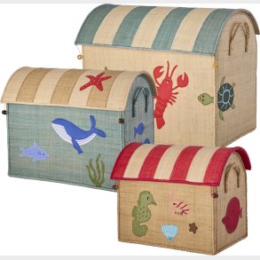 Rice - Raffia Toy Baskets With Ocean Theme - Set Of 3