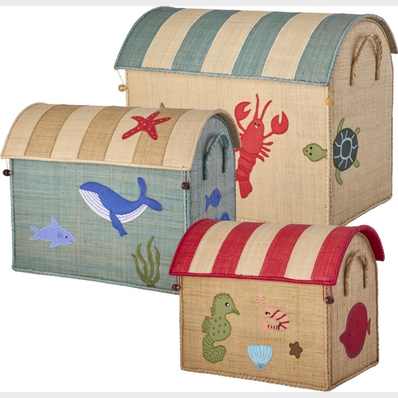 Rice - Raffia Toy Baskets With Ocean Theme - Set Of 3