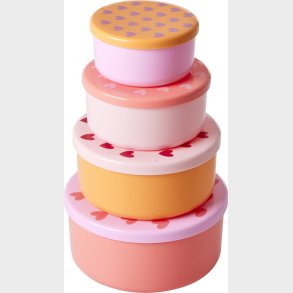 Rice - Round Plastic Food Boxes With Hearts Prints - Set Of 4