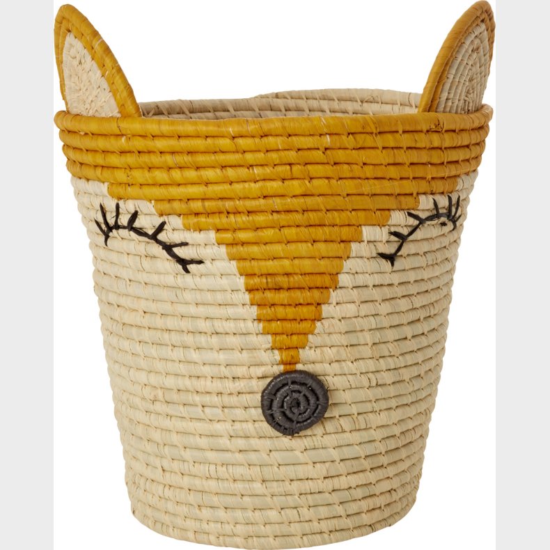 Rice - Round Raffia Basket With Fox Head - Yellow
