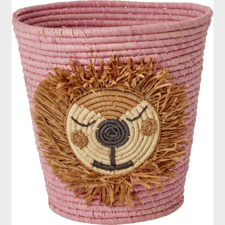 Rice - Round Raffia Basket With Lion Head - Pink