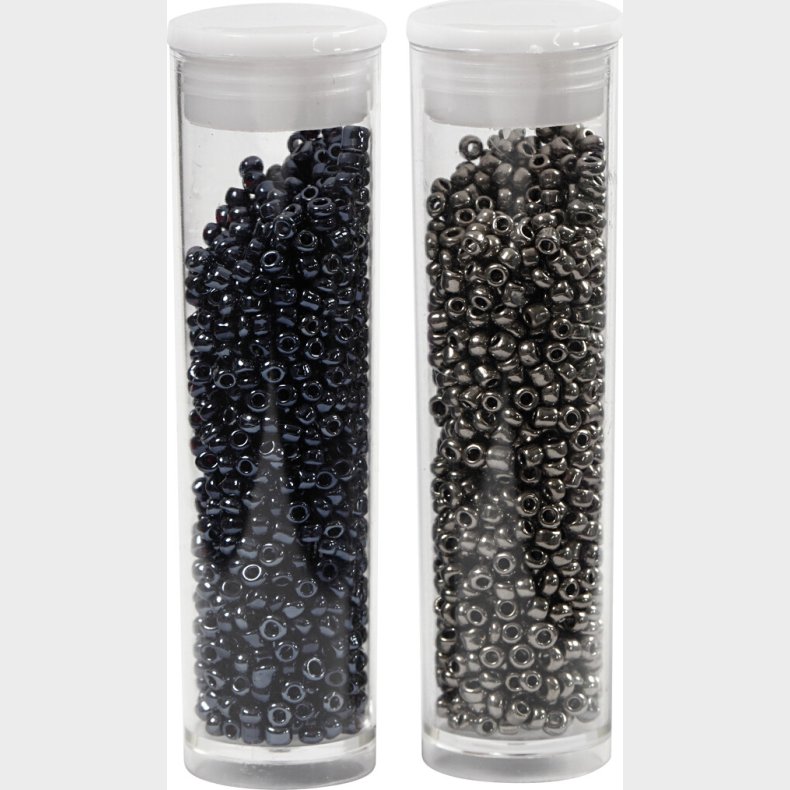 Rocaiperler - Glasperler -  1,7 Mm Hul 0,5-0,8 Mm - Sort+mrk Gr Metallic - 2x7 G