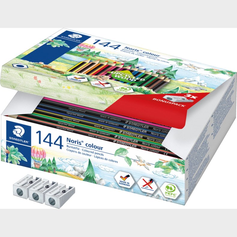 Staedtler Noris - 144 Farveblyanter Og 3 Blyantspidsere - 12 Farver