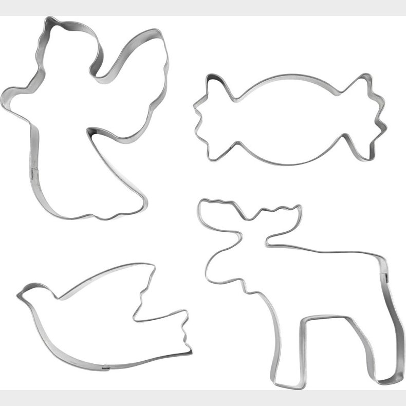 Udstiksforme - Engel - Rensdyr - Due - Karamel - H 2 Cm - Str. 4,5-9 Cm - Metal S�lv - 4 Stk.