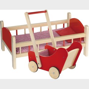 Viga - Dukkevogn Og Dukkeseng I Tr� - R�d - 2 Dele