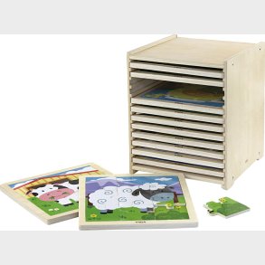 Puslespilsreol I Tr� Med 12 Tr�puslespil - 12x9 Brikker - Viga