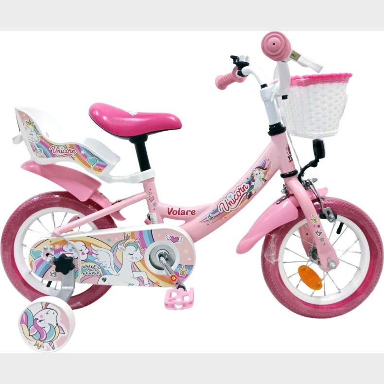 Volare - Unicorn Cykel - 12" Tommer - St�ttehjul Kurv S�de - Pink