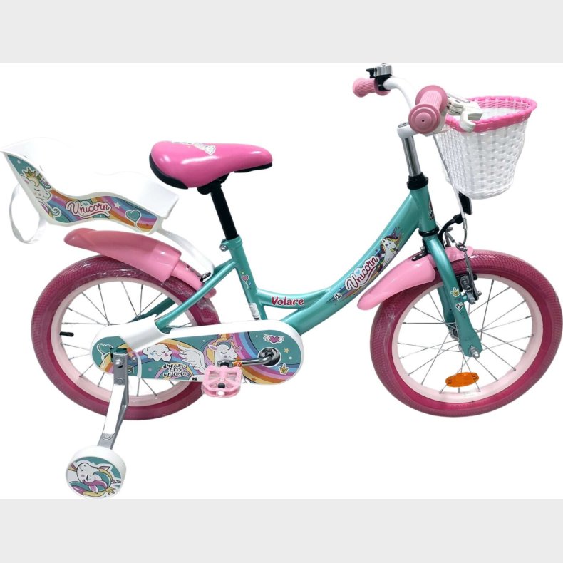 Volare - Unicorn Cykel - 16" Tommer - St�ttehjul Kurv S�de - Gr�n