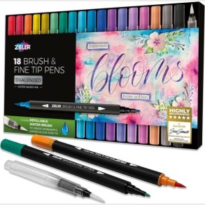 Zieler - 18 Brush & Fine Tip Pens - Dobbeltender - Vandbaseret