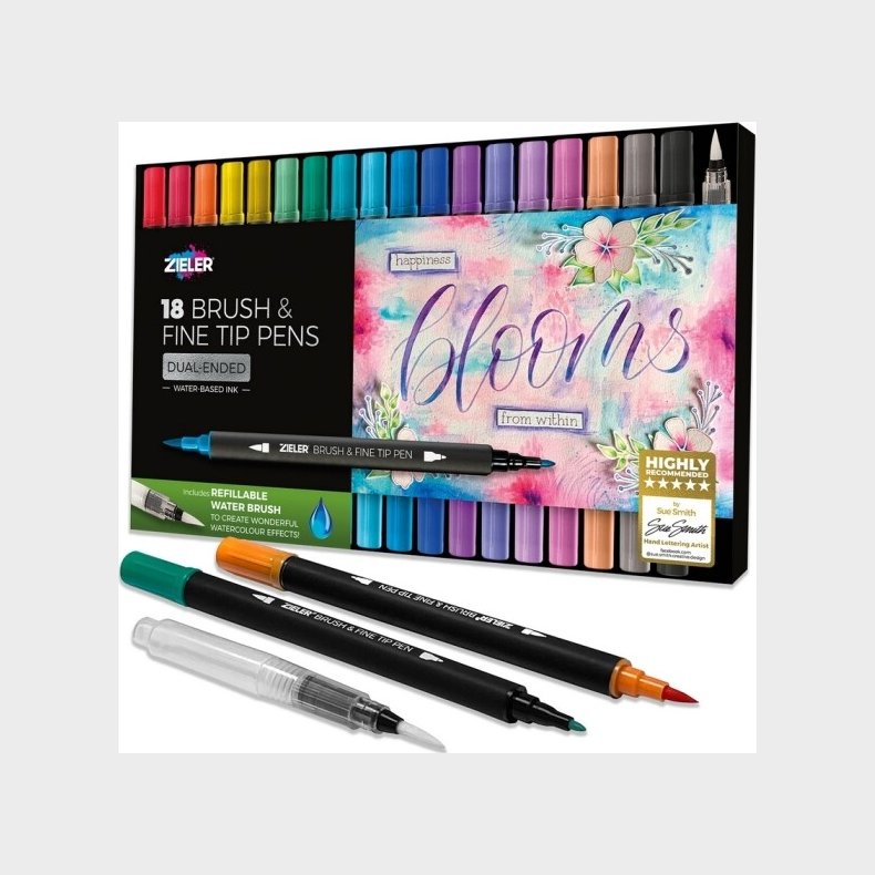 Zieler - 18 Brush & Fine Tip Pens - Dobbeltender - Vandbaseret