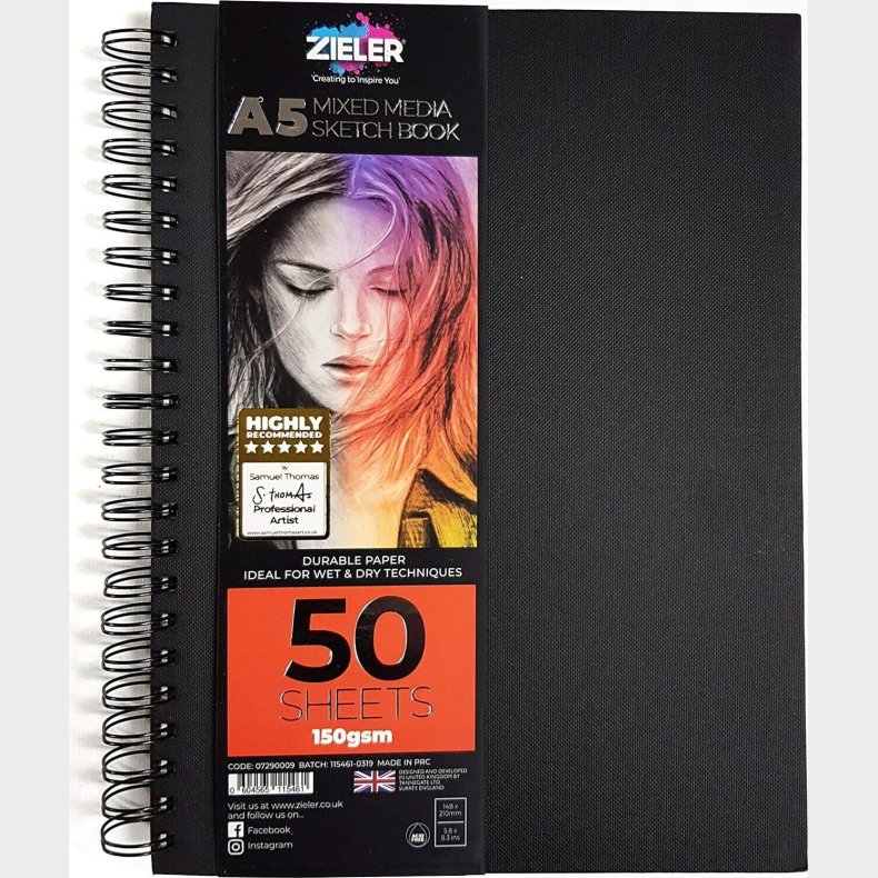 Skitsebog Med Spiralryg - A5 - 150 G - 50 Sider - Zieler