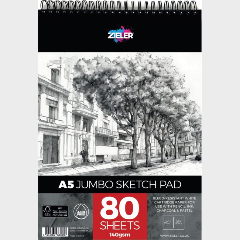 Skitsebog Med Spiralryg - A5 - 140 G - 80 Sider - Zieler