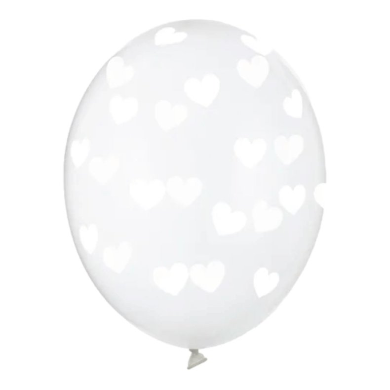 Latex Balloner Klar Med Hvide Hjerter - 6 Stk. 30 cm