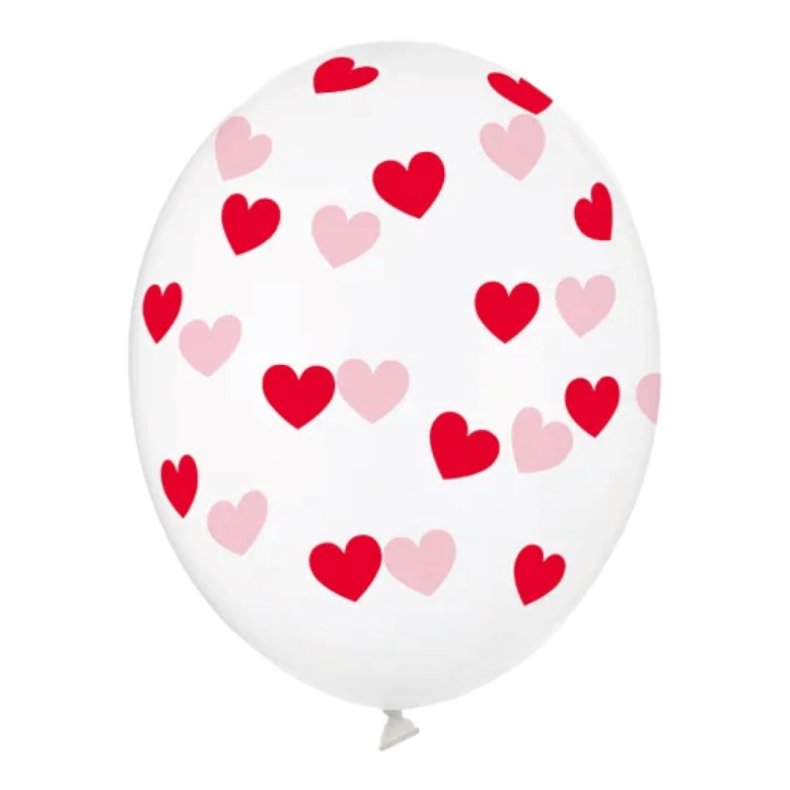 Latex Balloner Klar Med Rde Hjerter - 6 Stk. 30 cm