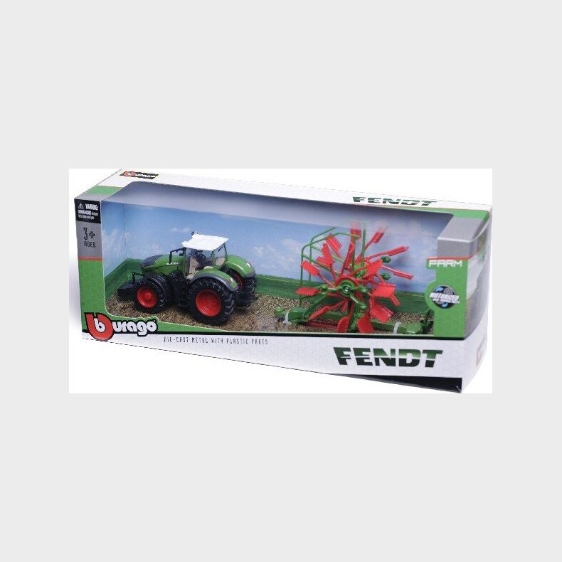 Bburago - Fendt Traktor Med Hvirvelrive - Die-cast Metal - 10 Cm