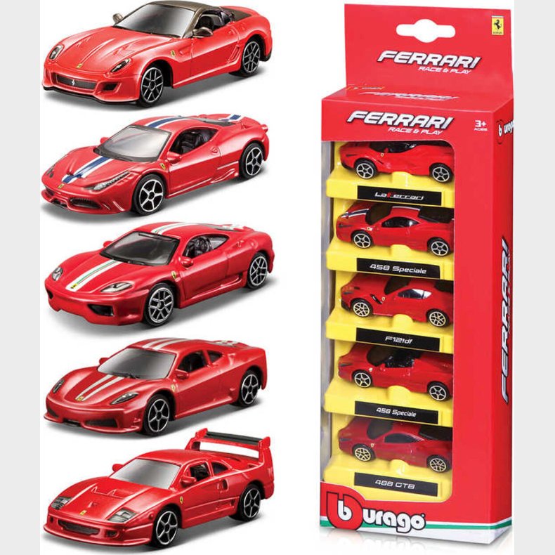 Bburago - Ferrari Race & Play St Med 5 Biler - 1:64 - 7 Cm - Assorteret