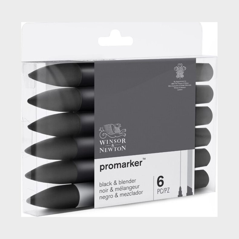 Winsor &amp; Newton - Promarker Tusser - Sort + Blender - 6 Stk