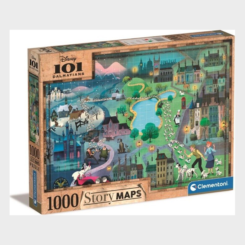 Clementoni Puslespil - Story Maps - 101 Dalmatinere - 1000 Brikker