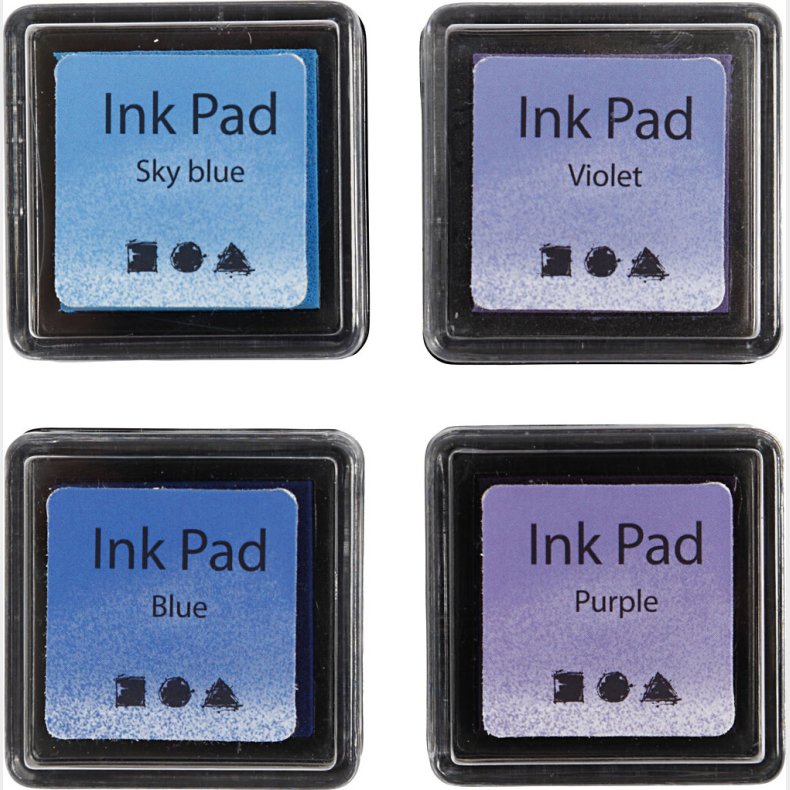 Stempelpude - H 2 Cm - Str. 3,5x3,5 Cm - Bl� - Himmelbl� - Lilla - Violet - 4 Stk.