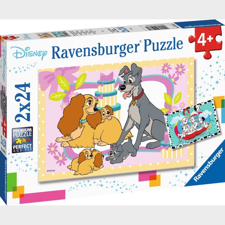 Disney Puslespil - 101 Dalmatiner - Lady Og Vagabonden - 2x24 Brikker - Ravensburger