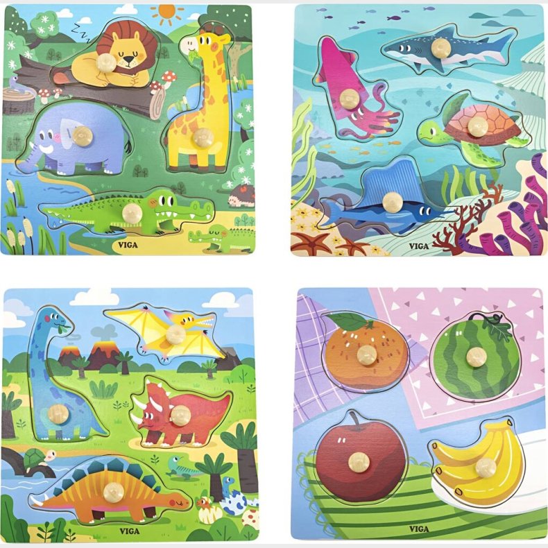 Viga Puslespil I Tr - Dyr Og Frugter - Knoppuslespil - 4x4 Brikker