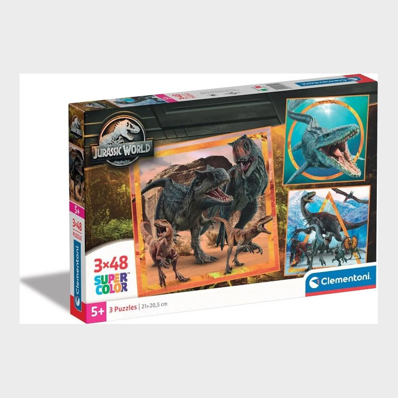 Clementoni Puslespil - Jurassic World - Super Color - 3x48 Brikker