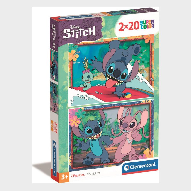 Disney Puslespil - Stitch - Super Color - 2x20 Brikker - Clementoni