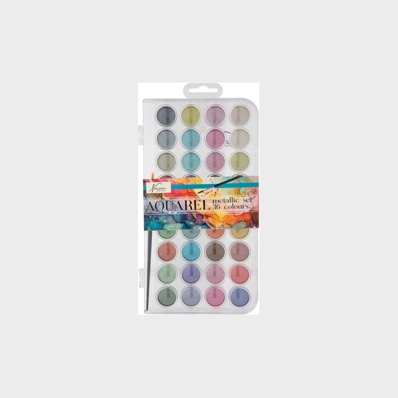 Metallisk Akvarelst Med 36 Farver I En Gennemsigtig Palet