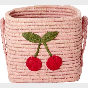 Rice - Raffia Square Basket With Big Cherry Embroidery - Soft Pink - Small