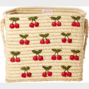 Rice - Raffia Square Basket With Small Cherries Embroidery - Red - 30 Cm X 30 Cm X 25 Cm