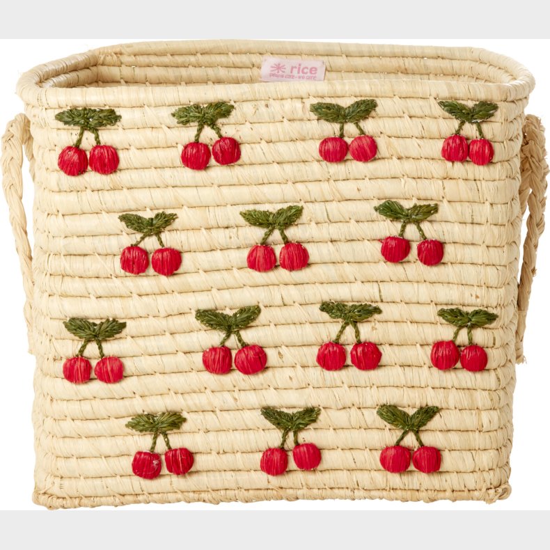 Rice - Raffia Square Basket With Small Cherries Embroidery - Red - 30 Cm X 30 Cm X 25 Cm