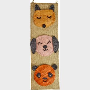 Rice - Raffia Wall Hanger With Animal Face Pockets - 60 Cm X 20 Cm