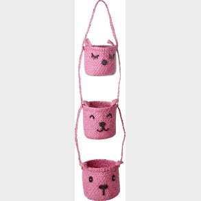 Rice - Raffia 3-tier Hanging Storage With Animal Faces - Pink