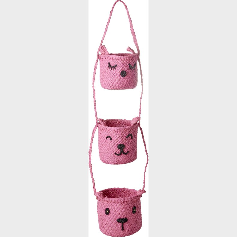 Rice - Raffia 3-tier Hanging Storage With Animal Faces - Pink