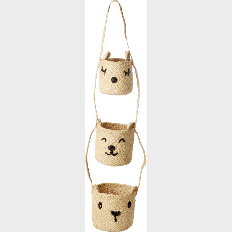 Rice - Raffia 3-tier Hanging Storage With Animal Faces - Natural