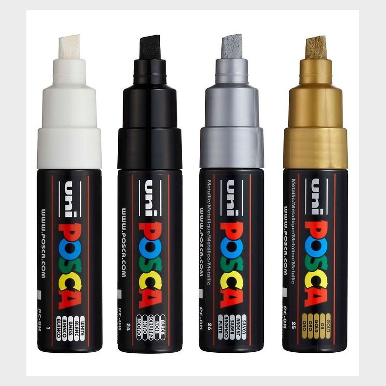 Posca Tuscher - PC-8K - 4 stk. - Sort/Hvid/Metallisk
