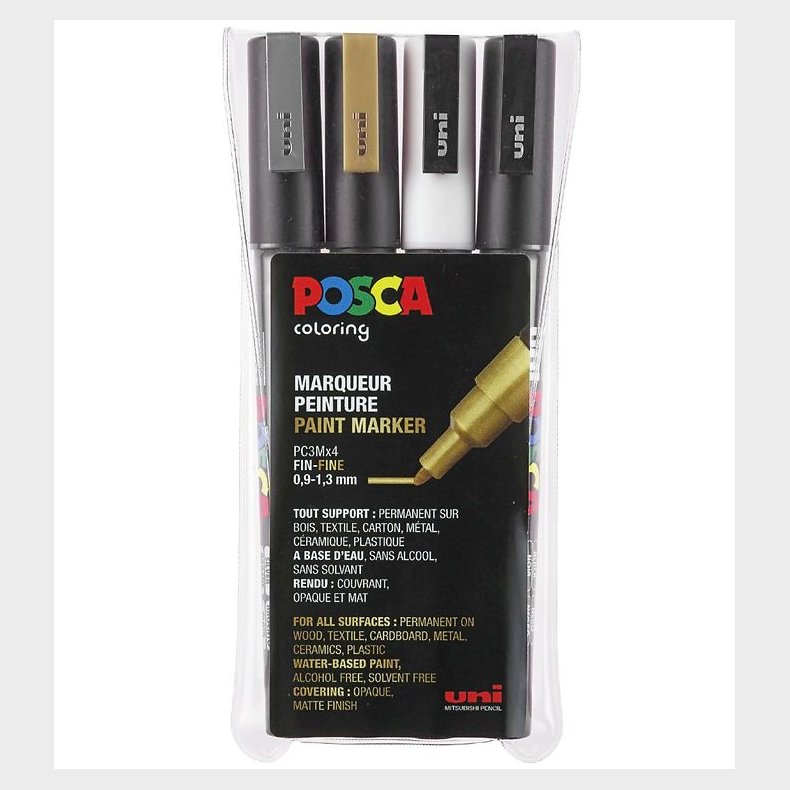 Posca Corner Markers - PC-3M - 4 stk - Guld/Slv/Hvid/Sort