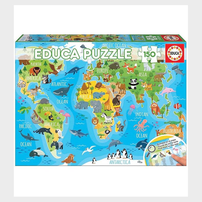 Educa Puslespil - World Map Animals - 150 Brikker