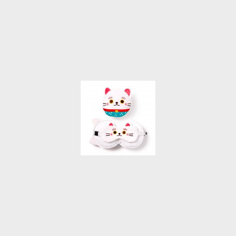 Relaxeazzz Maneki Neko Lucky Cat Plush Travel Pillow &amp; Eye Mask - Nakkepude