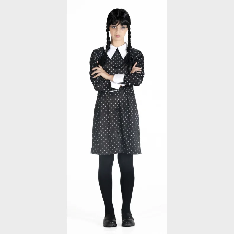 Wednesday' Addams kostume med paryk str. 140 cm